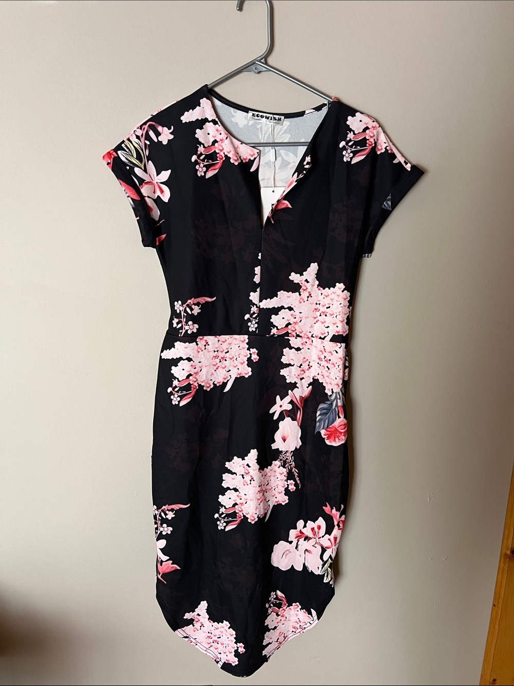 Women's Black Midi Dress with Pink Floral Print